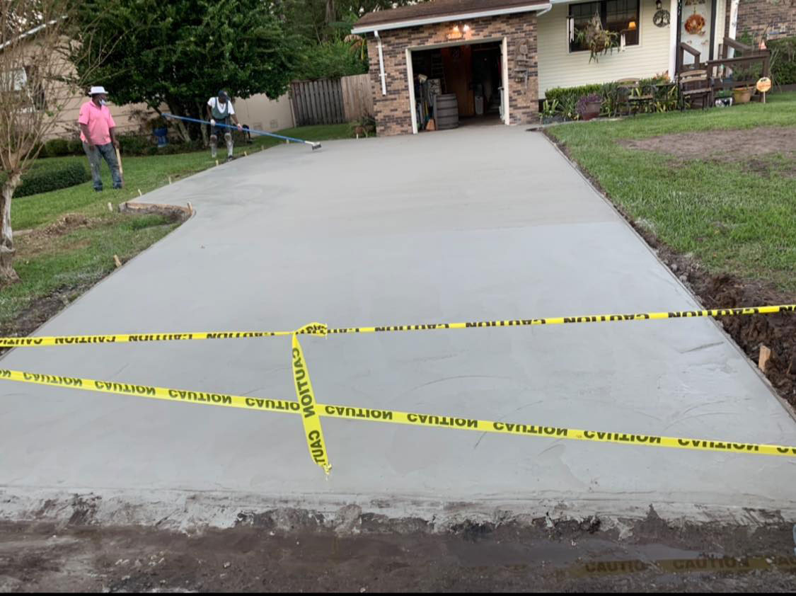 In-progress concrete driveway installation