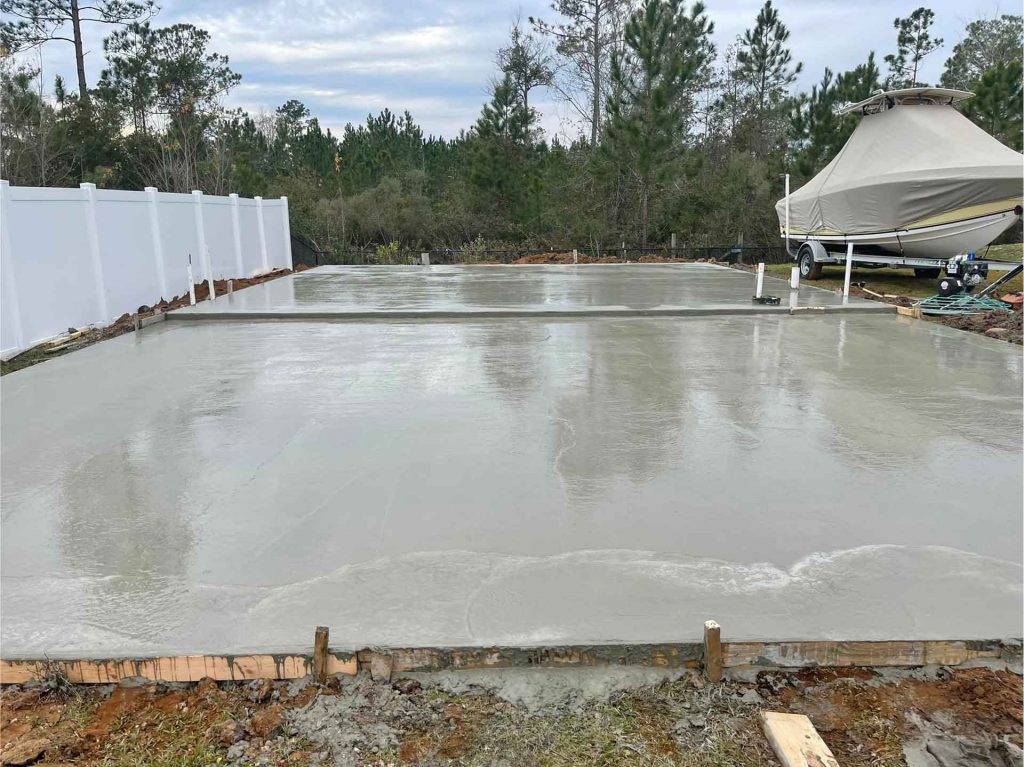 Newly poured concrete foundation slab